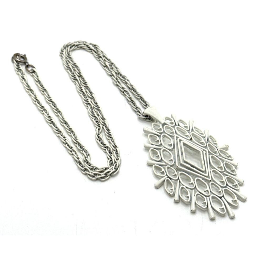 Vintage JJ Jonette Jewelry White Enamel Pendant & Chain Mid Century Modern 24"